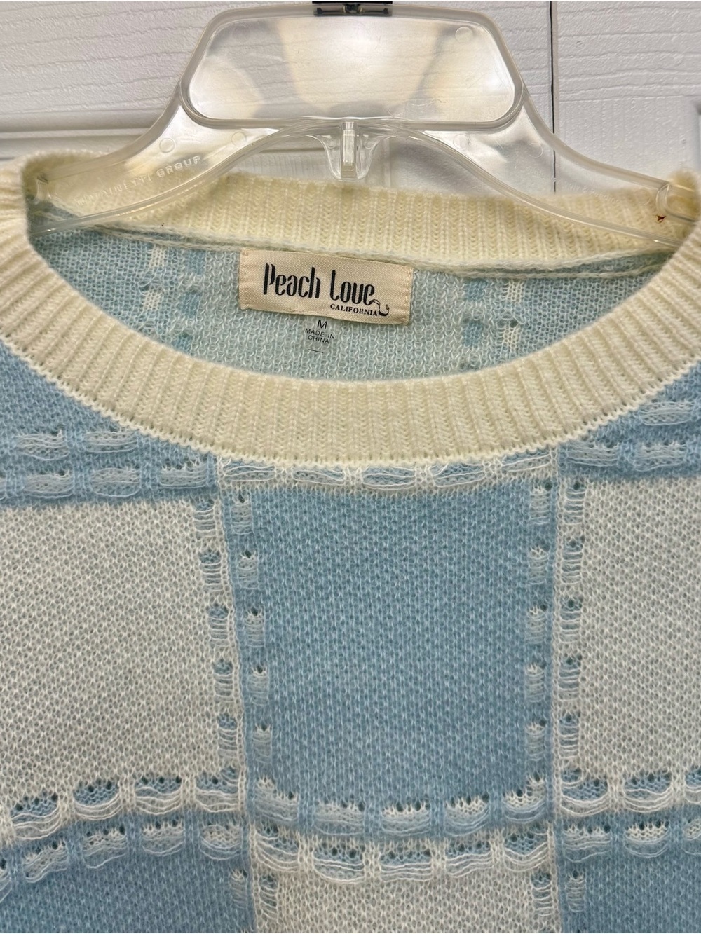 Peach Love California Powder Blue & Cream Checkered Cropped Sweater - Picture 3 of 5